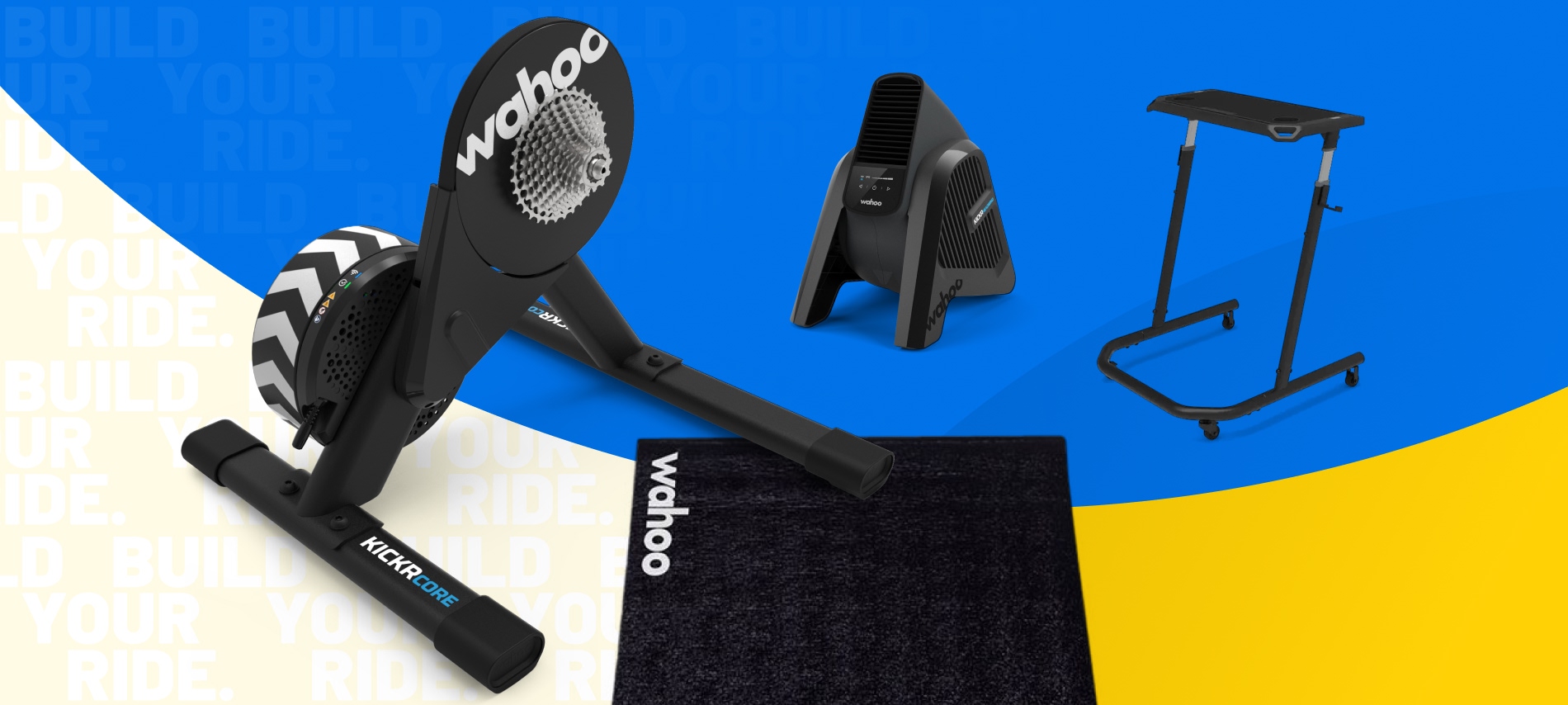 Plan détaillé d'un ensemble Wahoo KICKR Core 2 avec tapis de sol, bureau et ventilateur Plan détaillé d'un ensemble Wahoo KICKR Core 2 avec tapis de sol, bureau et ventilateur