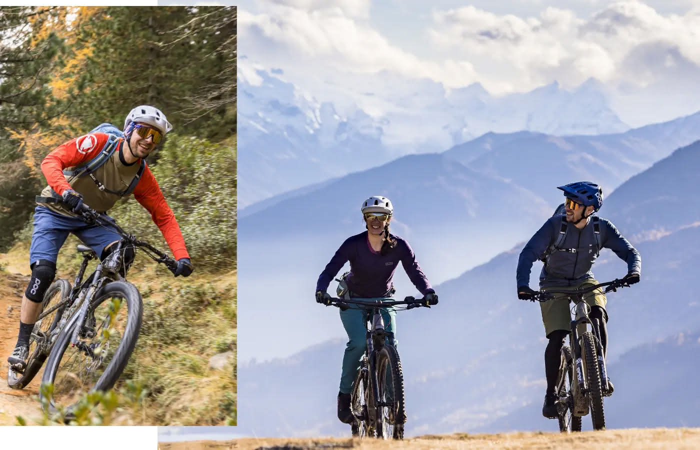 MTB-Fahrer*innen fahren auf alpinen Up- und Downhill-Strecken.