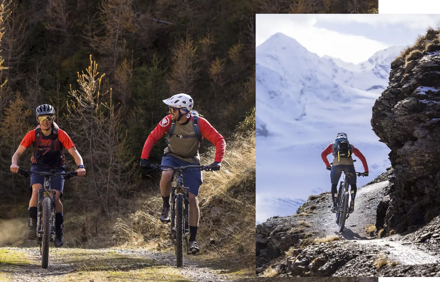 MTB-Fahrer*innen unterwegs auf Waldwegen, alpinen Trails und beim Stop in einem Bergdorf.
