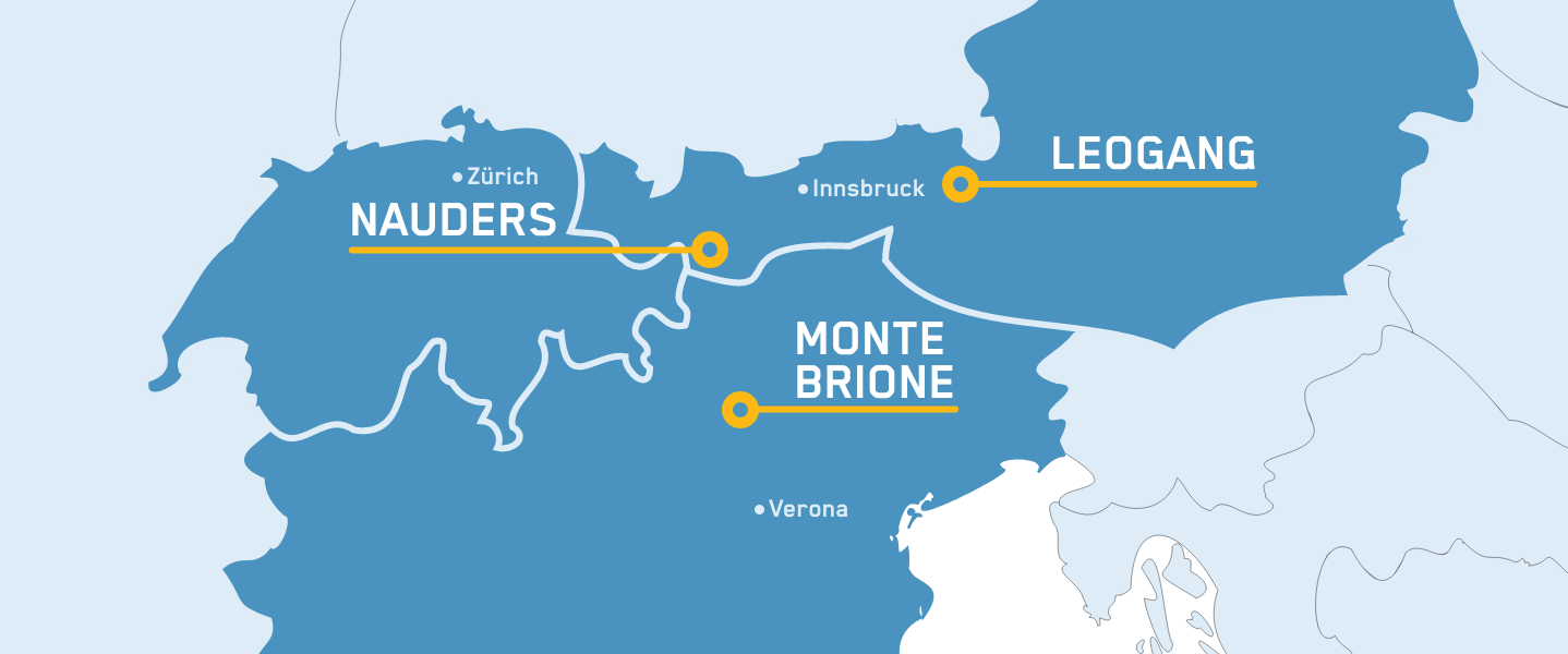 Die 3 MTB-Top-Regionen Monte Brione, Nauders und Leogang werden auf einer vereinfachten Landkarte dargestellt.