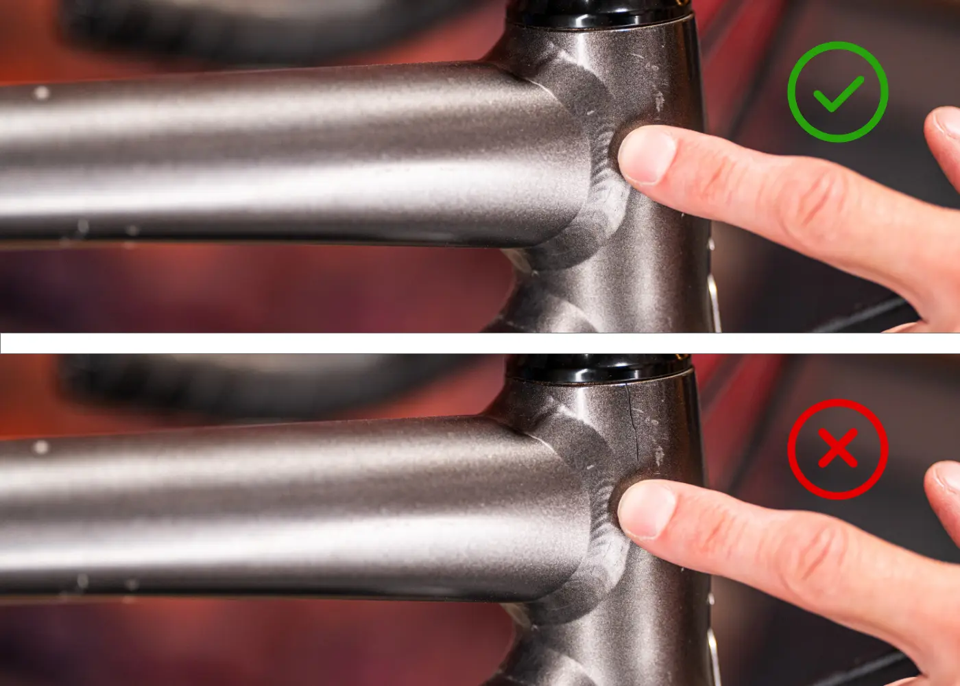 Showing a frame in proper state and one with a crack at the head tube.